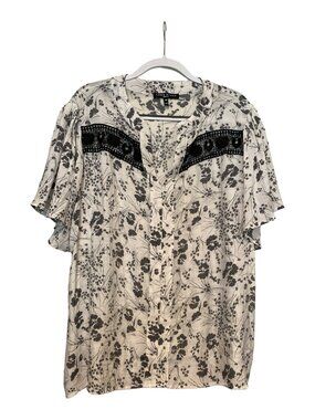 Como Black Floral w/ Crochet Short Sleeve Top Black , White & Gray Women's Sz 3X